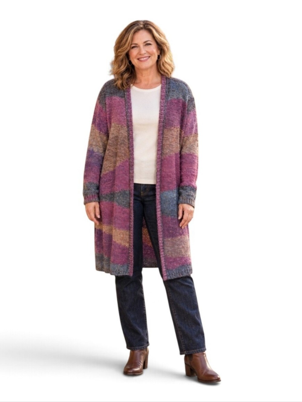 Chicos Cozy Open-Front Colorblock Cardigan Sweater - Pink Multi Size XL